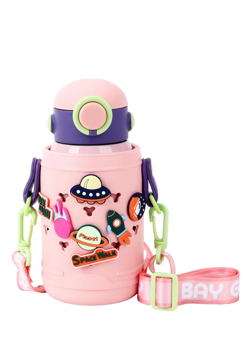 SYOSI زجاجة ماء من الفولاذ المقاوم للصدأ مع غطاء قش، 500 مل زجاجة ماء معدنية معزولة حرارياً، زجاجة ماء رياضية متعددة الاستخدامات مقاومة للتسرب باللون الوردي، قنينة للمشروبات الساخنة والباردة، للأطفال والبنين والبنات - Image 1