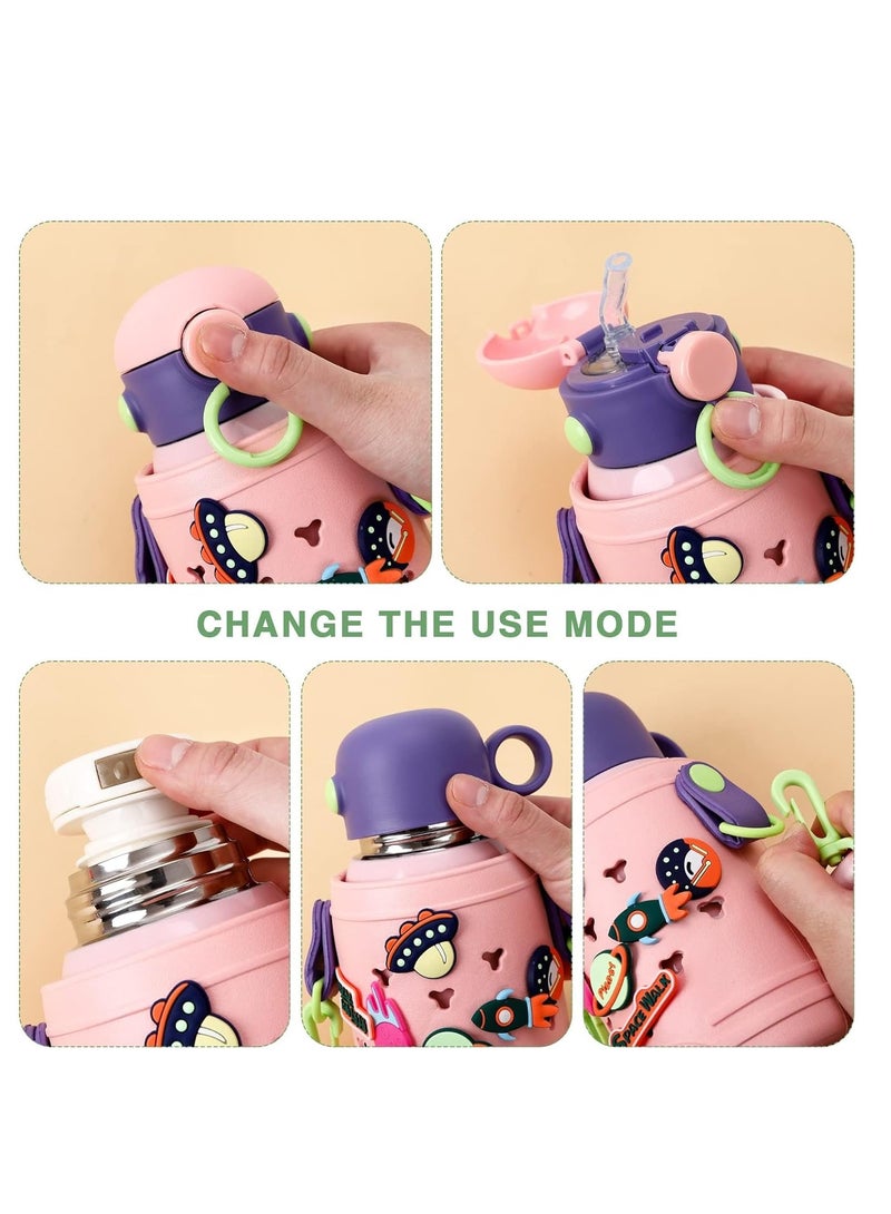 SYOSI زجاجة ماء من الفولاذ المقاوم للصدأ مع غطاء قش، 500 مل زجاجة ماء معدنية معزولة حرارياً، زجاجة ماء رياضية متعددة الاستخدامات مقاومة للتسرب باللون الوردي، قنينة للمشروبات الساخنة والباردة، للأطفال والبنين والبنات - Image 4