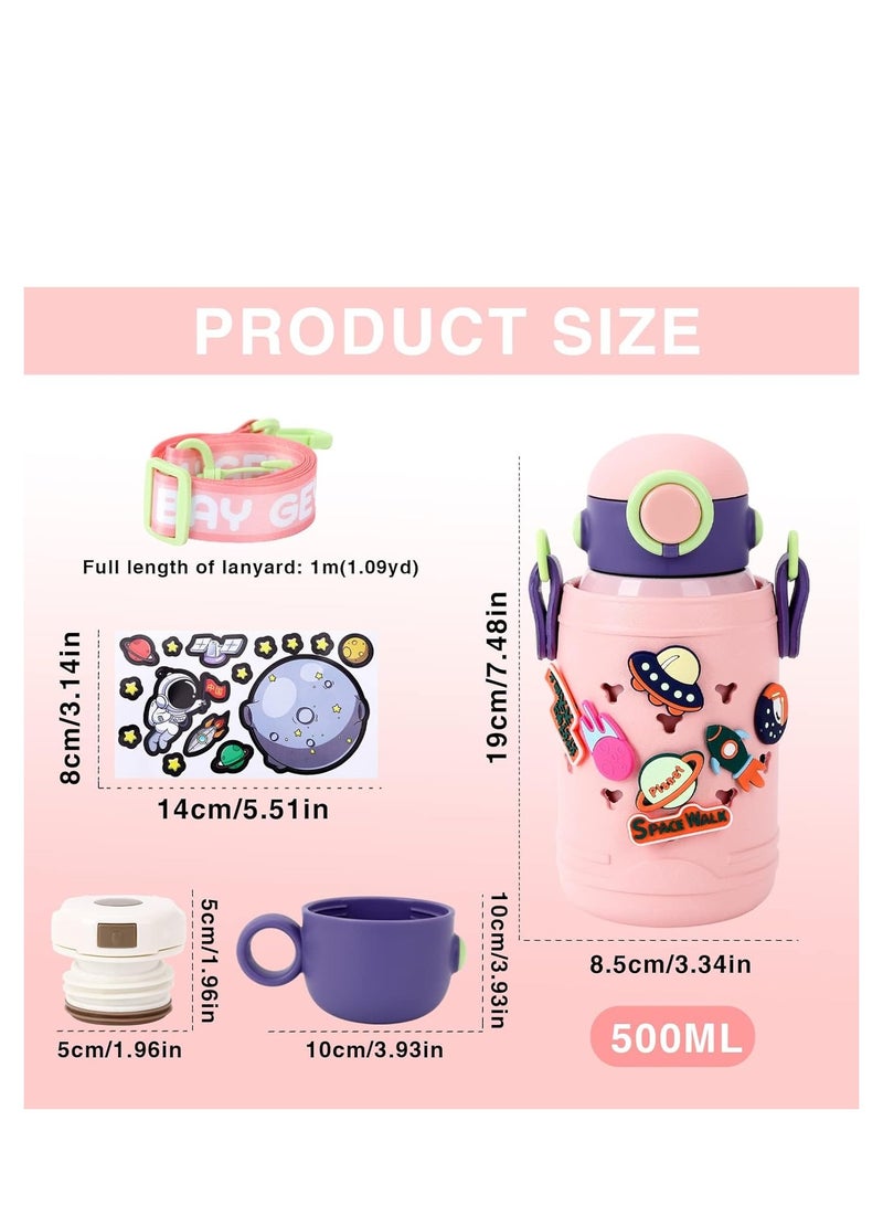 SYOSI زجاجة ماء من الفولاذ المقاوم للصدأ مع غطاء قش، 500 مل زجاجة ماء معدنية معزولة حرارياً، زجاجة ماء رياضية متعددة الاستخدامات مقاومة للتسرب باللون الوردي، قنينة للمشروبات الساخنة والباردة، للأطفال والبنين والبنات - Image 2