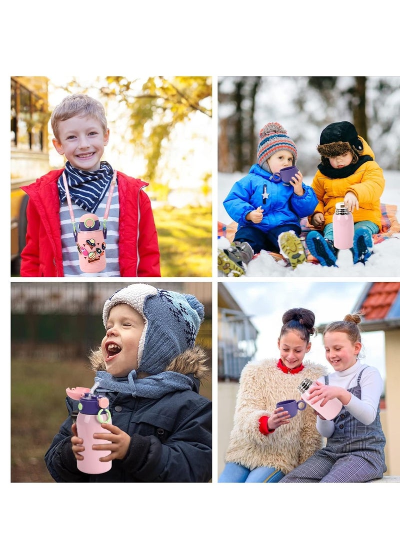 SYOSI زجاجة ماء من الفولاذ المقاوم للصدأ مع غطاء قش، 500 مل زجاجة ماء معدنية معزولة حرارياً، زجاجة ماء رياضية متعددة الاستخدامات مقاومة للتسرب باللون الوردي، قنينة للمشروبات الساخنة والباردة، للأطفال والبنين والبنات - Image 5