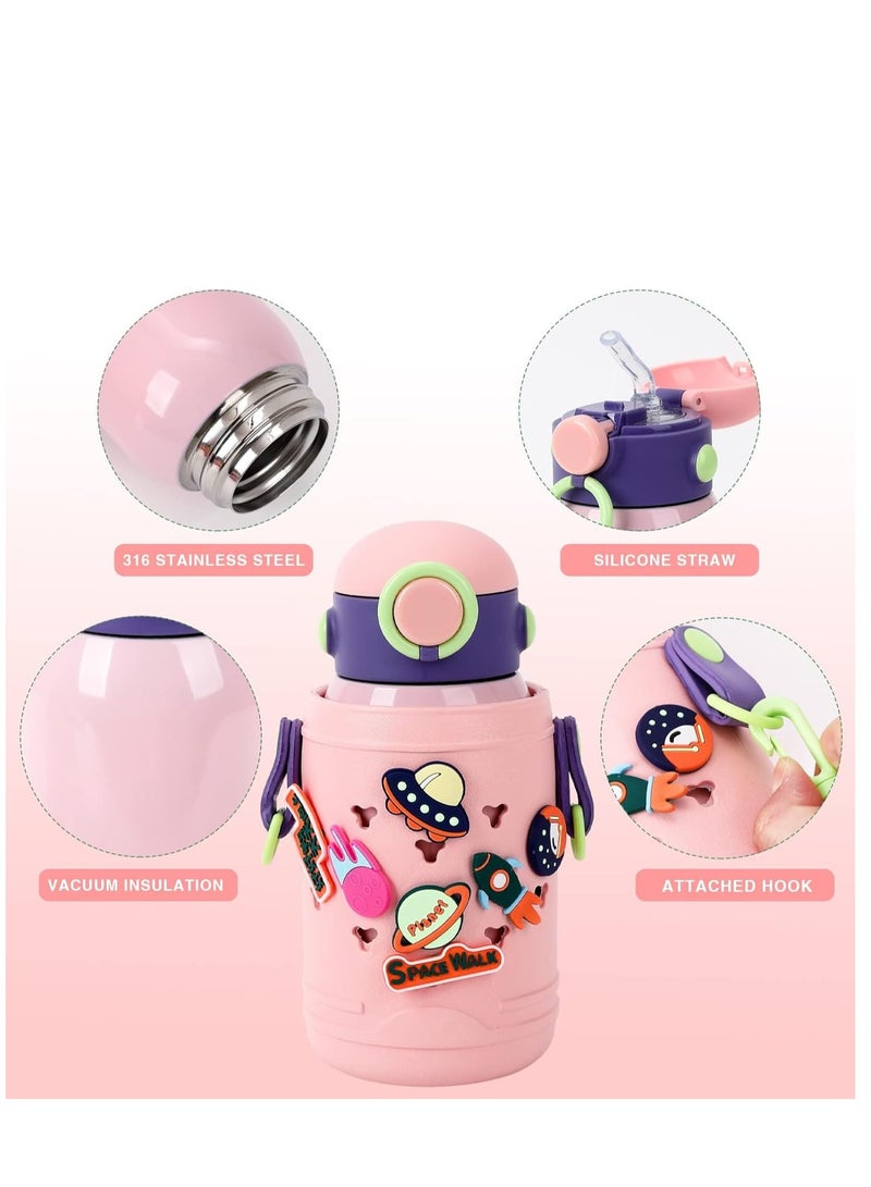 SYOSI زجاجة ماء من الفولاذ المقاوم للصدأ مع غطاء قش، 500 مل زجاجة ماء معدنية معزولة حرارياً، زجاجة ماء رياضية متعددة الاستخدامات مقاومة للتسرب باللون الوردي، قنينة للمشروبات الساخنة والباردة، للأطفال والبنين والبنات - Image 3