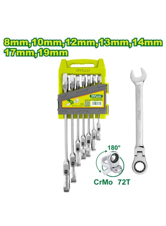 DYLLU 7-Piece Flexible Ratchet Spanner Set 8-19mm – Pivot Head Metric Wrench Kit