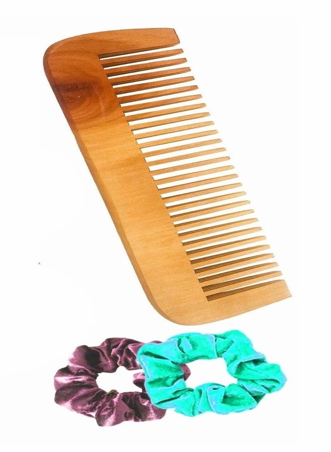 BigBro Pure Natural Wooden Comb Wide Teeth for Women and Men | Organic Antibacterial Hair Dandruff Remover Styling Comb| Handcrafted (Super Saver Pack of 1Combs + 2 Velvet Hair Scrunchies) - Image 1