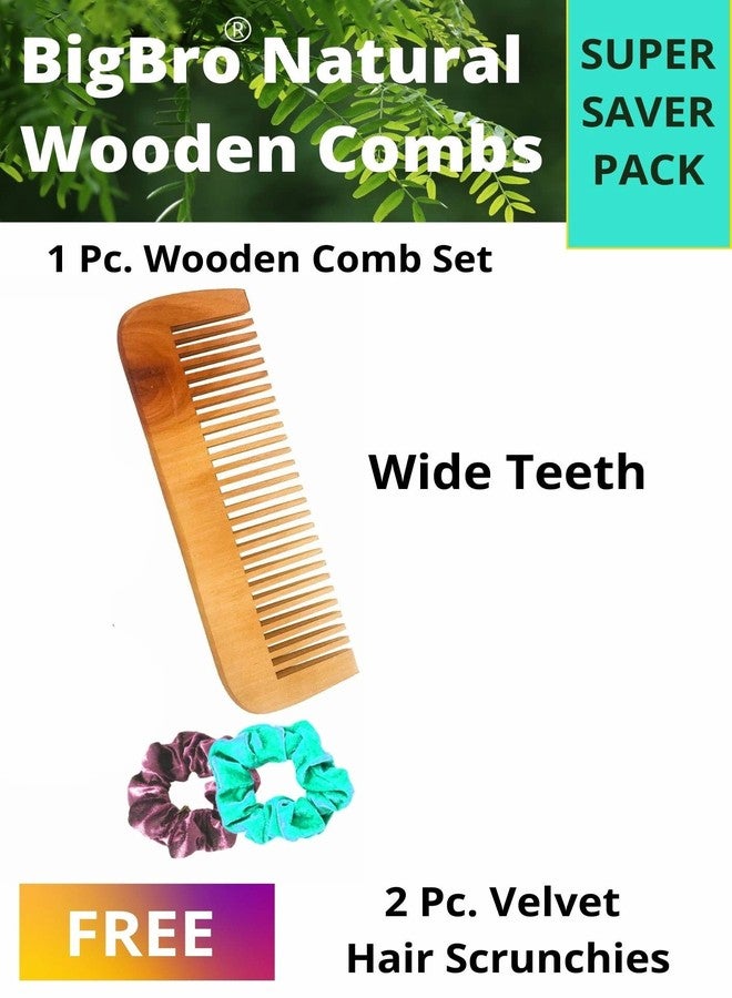 BigBro Pure Natural Wooden Comb Wide Teeth for Women and Men | Organic Antibacterial Hair Dandruff Remover Styling Comb| Handcrafted (Super Saver Pack of 1Combs + 2 Velvet Hair Scrunchies) - Image 3