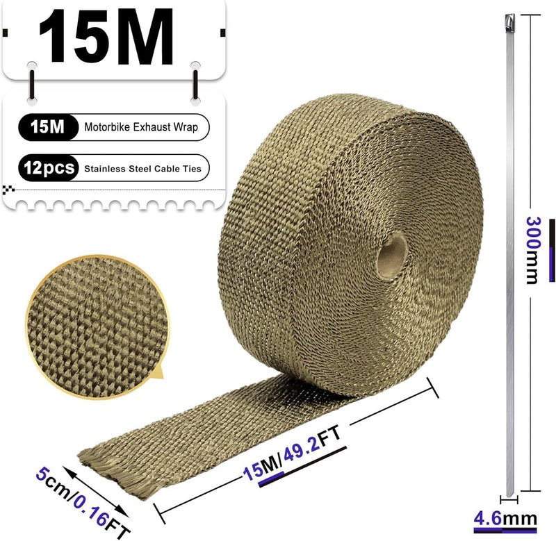 Foneso Exhaust Heat Wrap, 15M Titanium Exhaust Muffler Tape Fiberglass Heat Shield Header Wrap for Car Motorcycle Pipes with 12 Pcs Stainless Steel Ties Light & heavy use compatible - Image 2