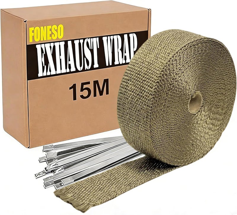 Foneso Exhaust Heat Wrap, 15M Titanium Exhaust Muffler Tape Fiberglass Heat Shield Header Wrap for Car Motorcycle Pipes with 12 Pcs Stainless Steel Ties Light & heavy use compatible - Image 1