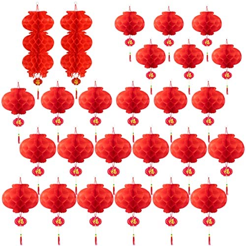 30 Pieces Chinese Round Hanging Red Paper Lanterns Decorations for 2026 New Year Spring Festival Party Decor Wedding and Restaurant