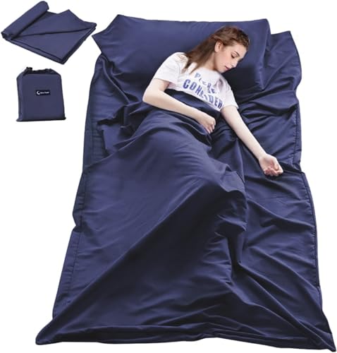 Mannice Sleeping Bag Liner Travel and Camping Sheet Lightweight Warm Roomy Compact Sleep Bag and Sack with Pillow Cover Soft for Hotel, Youth Hostels, Picnic,Hiking,Climbing 82.7 X 45 Inch,Dark Blue - Image 1