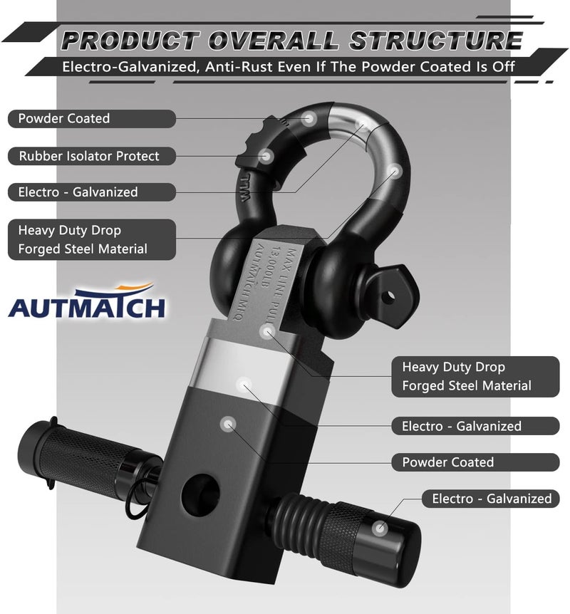 AUTMATCH Shackle Hitch Receiver 2 Inch - 3/4" D Ring Shackle and 5/8" Trailer Hitch Lock Pin, 45,000 Lbs Break Strength Heavy Duty Receiver Towing Kit for Off-Road Vehicle Recovery, Matte Black - Image 4