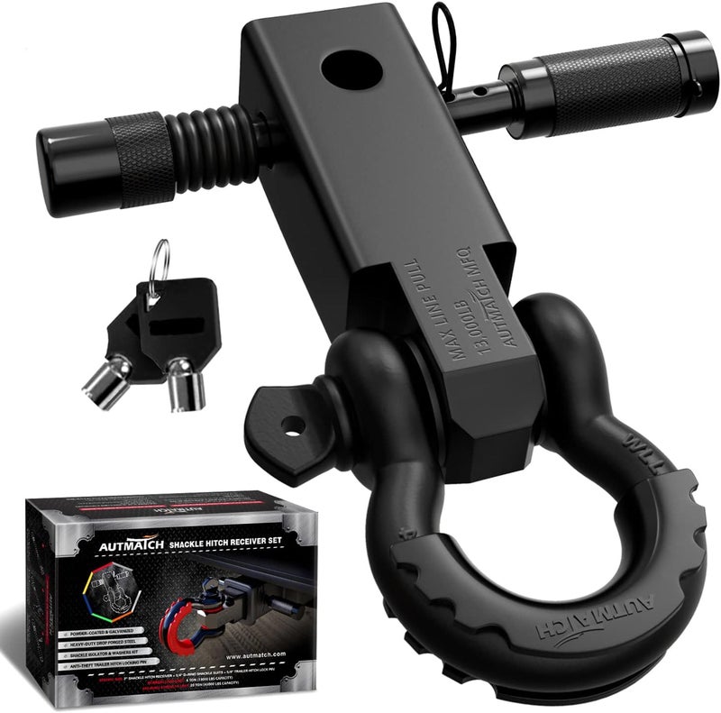 AUTMATCH Shackle Hitch Receiver 2 Inch - 3/4" D Ring Shackle and 5/8" Trailer Hitch Lock Pin, 45,000 Lbs Break Strength Heavy Duty Receiver Towing Kit for Off-Road Vehicle Recovery, Matte Black - Image 1