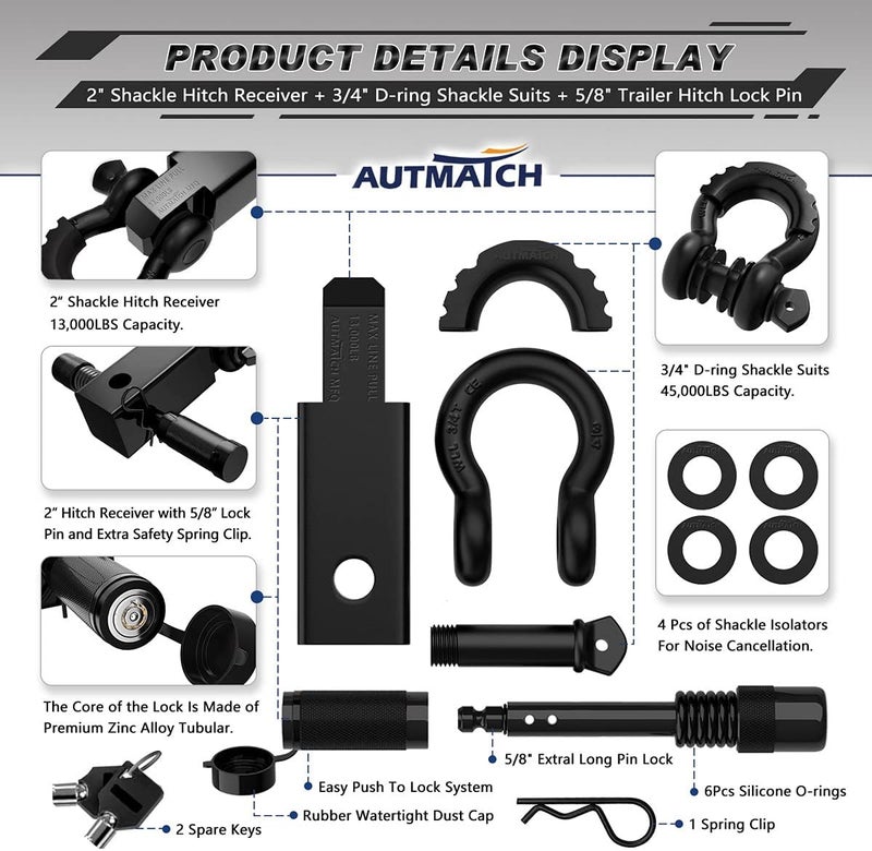 AUTMATCH Shackle Hitch Receiver 2 Inch - 3/4" D Ring Shackle and 5/8" Trailer Hitch Lock Pin, 45,000 Lbs Break Strength Heavy Duty Receiver Towing Kit for Off-Road Vehicle Recovery, Matte Black - Image 2