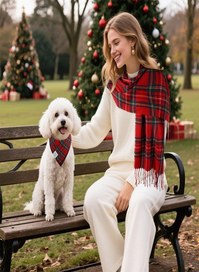 E-Clover Christmas Dog Bandanas Matching Owner Scarf Lines Dog Bandana Bibs with Tartan Scarves Shawl for Small Medium Dogs Mom Outfit Gifts Red Blue Green - Image 4
