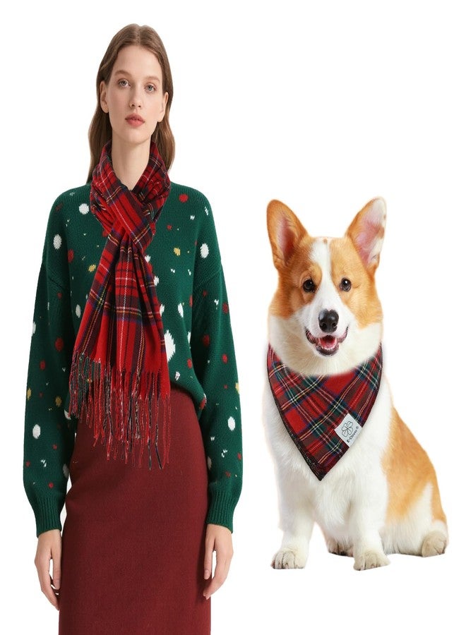 E-Clover Christmas Dog Bandanas Matching Owner Scarf Lines Dog Bandana Bibs with Tartan Scarves Shawl for Small Medium Dogs Mom Outfit Gifts Red Blue Green - Image 1