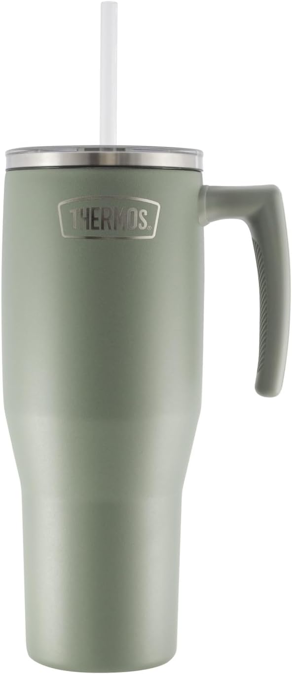 THERMOS STAINLESS STEEL VACUUM INSULATED GREEN MUG WITH STRAW 1.1LTR - Image 1