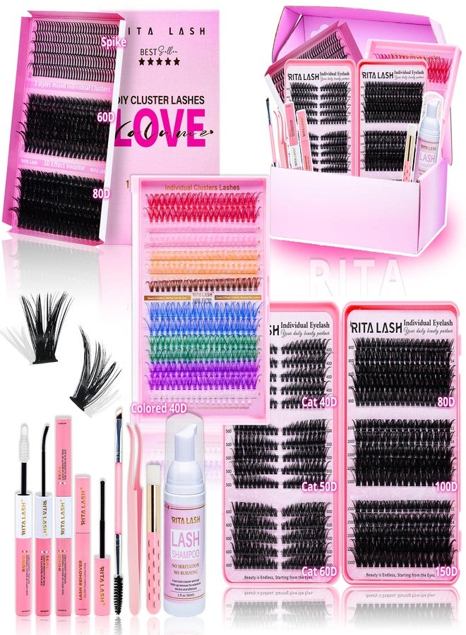 RITALASH Lash Clusters Kit Bulk 3D Effect Eyelash Clusters Kit Cat Eye Lashes Cluster Eyelash Extensions Pack Colored Lashes Cluster Pestañas Postizas Naturales+Bond&Seal,Remover,Tweezers,Cleanser(Lash Kit-7) - Image 1