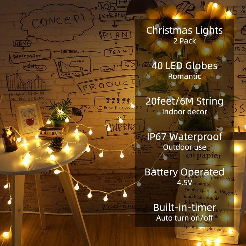 ANJAYLIA 2 Pack Globe String Lights Fairy Lights Battery Operated 20ft 40LED Warm White String Lights with Remote Waterproof Indoor Outdoor Decorative Christmas Lights for Home Party Patio Garden - Image 3