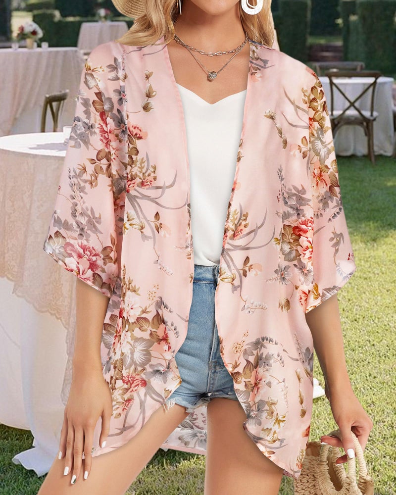 CHICGAL Womens Kimono Cardigans Floral Tops Sheer Beach Cover Ups Chiffon Open Front Thin Jacket Shirts （Pink Flowers,L - Image 5
