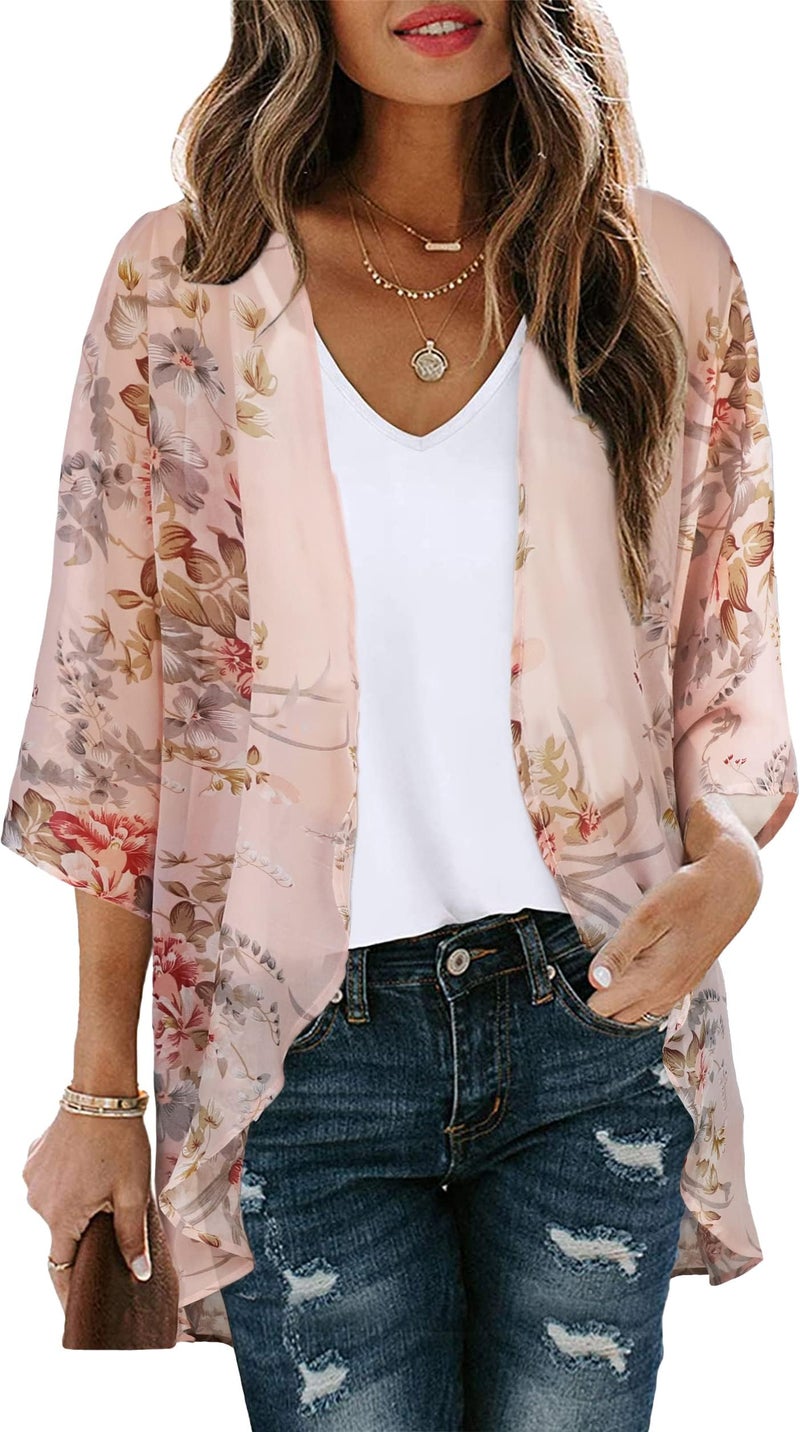 CHICGAL Womens Kimono Cardigans Floral Tops Sheer Beach Cover Ups Chiffon Open Front Thin Jacket Shirts （Pink Flowers,L - Image 1