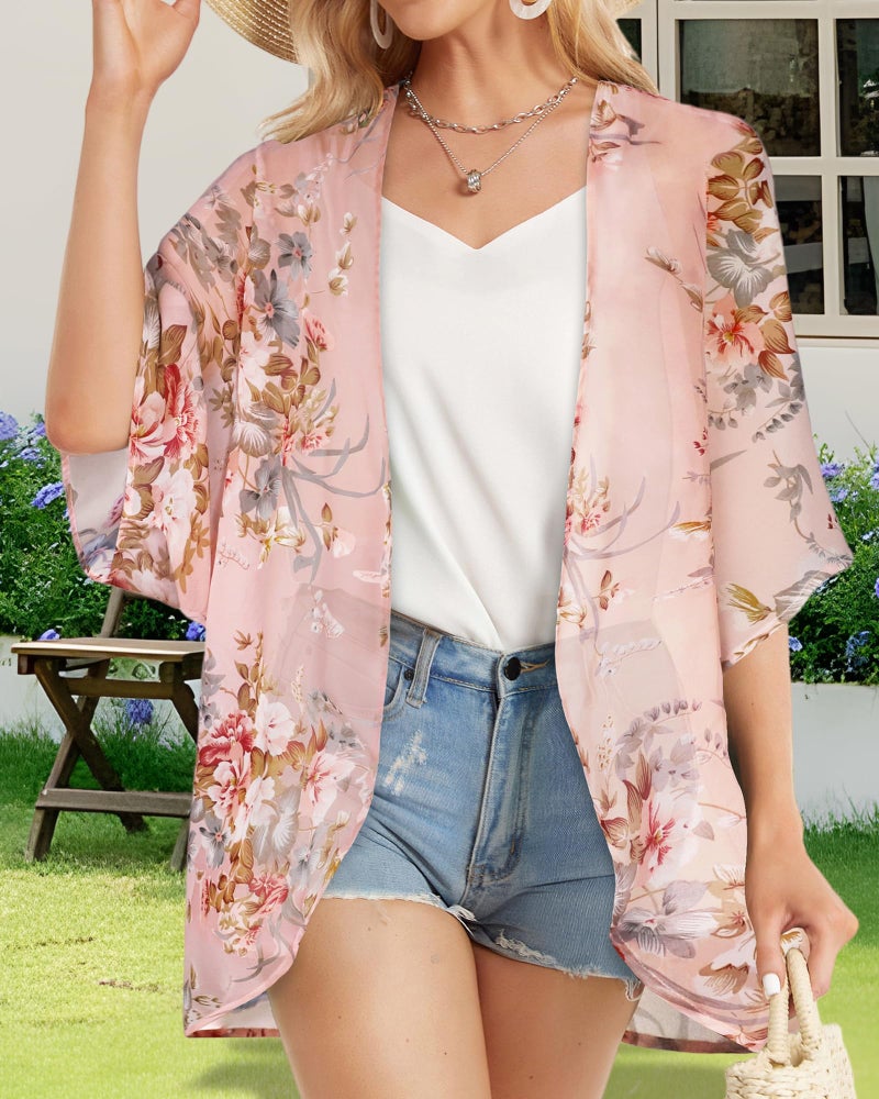 CHICGAL Womens Kimono Cardigans Floral Tops Sheer Beach Cover Ups Chiffon Open Front Thin Jacket Shirts （Pink Flowers,L - Image 3