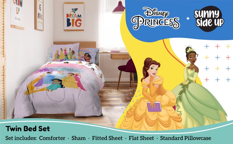 Sunny Side Up Disney Princess Twin Comforter Set - 5 Piece Kids Bedding Includes Comforter, Sheets & Pillow Cover - Super Soft Rainbow Stars Microfiber Bed Set - Image 2