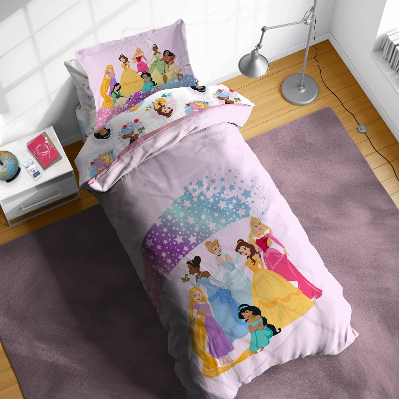 Sunny Side Up Disney Princess Twin Comforter Set - 5 Piece Kids Bedding Includes Comforter, Sheets & Pillow Cover - Super Soft Rainbow Stars Microfiber Bed Set - Image 1