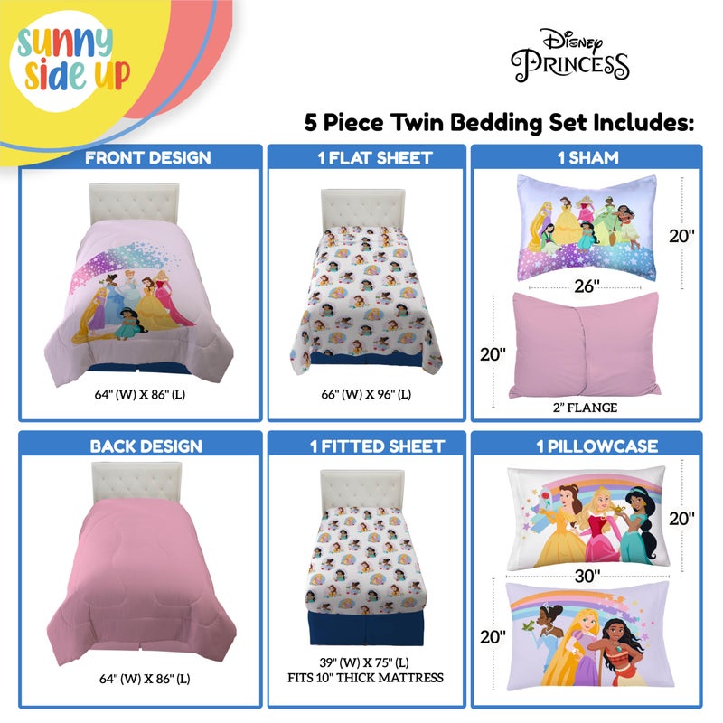 Sunny Side Up Disney Princess Twin Comforter Set - 5 Piece Kids Bedding Includes Comforter, Sheets & Pillow Cover - Super Soft Rainbow Stars Microfiber Bed Set - Image 3