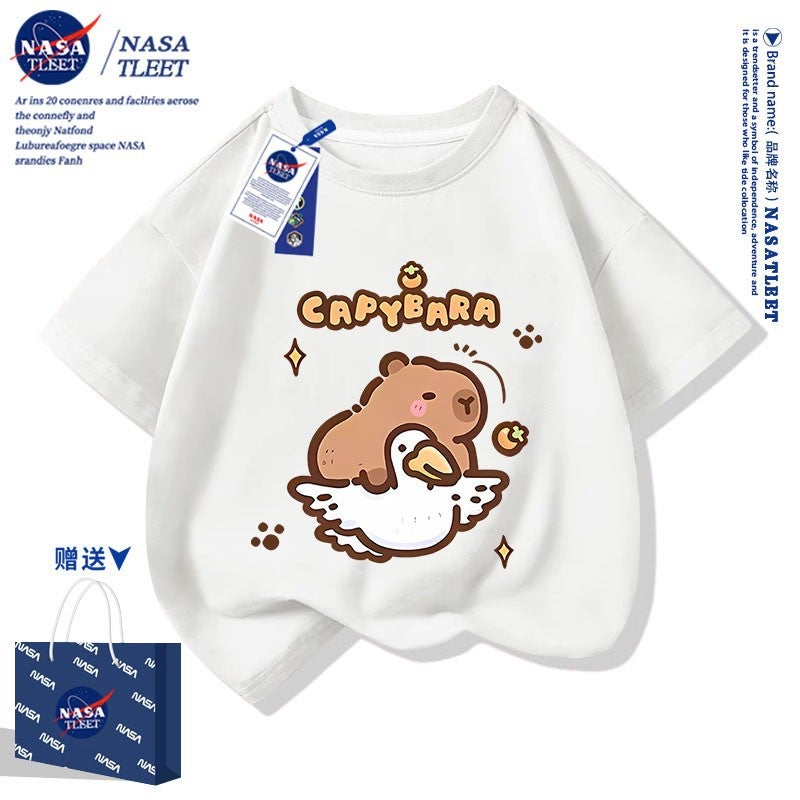 Nasa Joint Cartoon Cotton Short-Sleeved New All-Match Cabibala Crewneck T-Shirt Cute Capybara Printed Top - Image 1