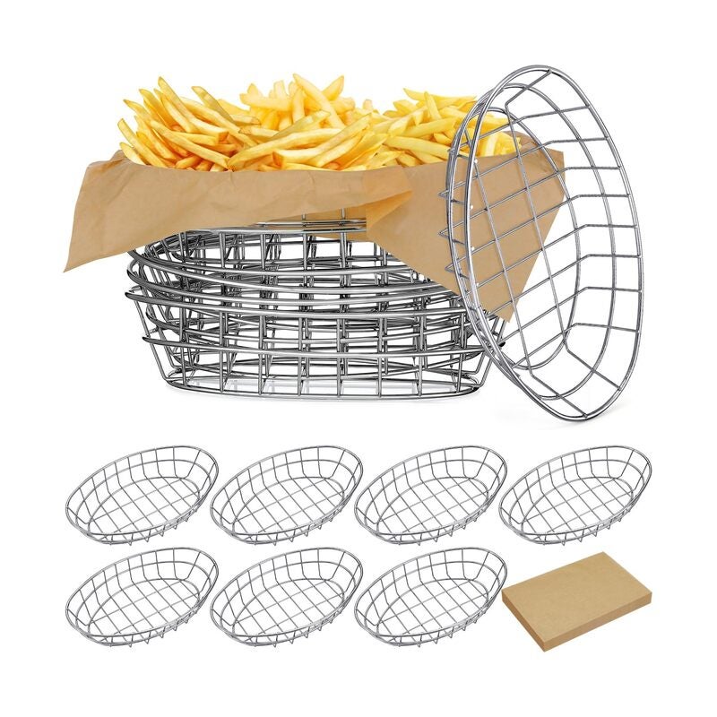 12 Pcs Wire Bread Basket Oval Metal Dinner Roll Baskets for Serving Fruit Bowl Storage with 100 Sheets Deli Wrappers Paper for Kitchen Table Fast Food(Silver,9.5 x 6.2 x 2.2) - Image 1