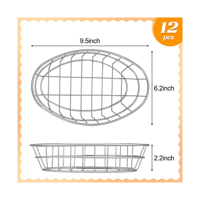 12 Pcs Wire Bread Basket Oval Metal Dinner Roll Baskets for Serving Fruit Bowl Storage with 100 Sheets Deli Wrappers Paper for Kitchen Table Fast Food(Silver,9.5 x 6.2 x 2.2) - Image 2