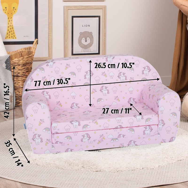 Delsit Kids Couch for Toddlers - 2 in 1 Convertible Foam Sofa to Lounger in Unicorns and Rainbows Pink - Image 3