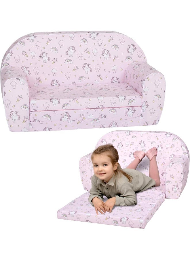 Delsit Kids Couch for Toddlers - 2 in 1 Convertible Foam Sofa to Lounger in Unicorns and Rainbows Pink - Image 1