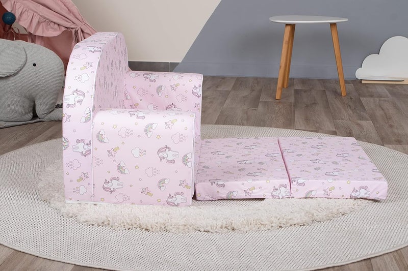 Delsit Kids Couch for Toddlers - 2 in 1 Convertible Foam Sofa to Lounger in Unicorns and Rainbows Pink - Image 4