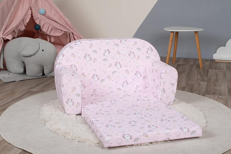 Delsit Kids Couch for Toddlers - 2 in 1 Convertible Foam Sofa to Lounger in Unicorns and Rainbows Pink - Image 2