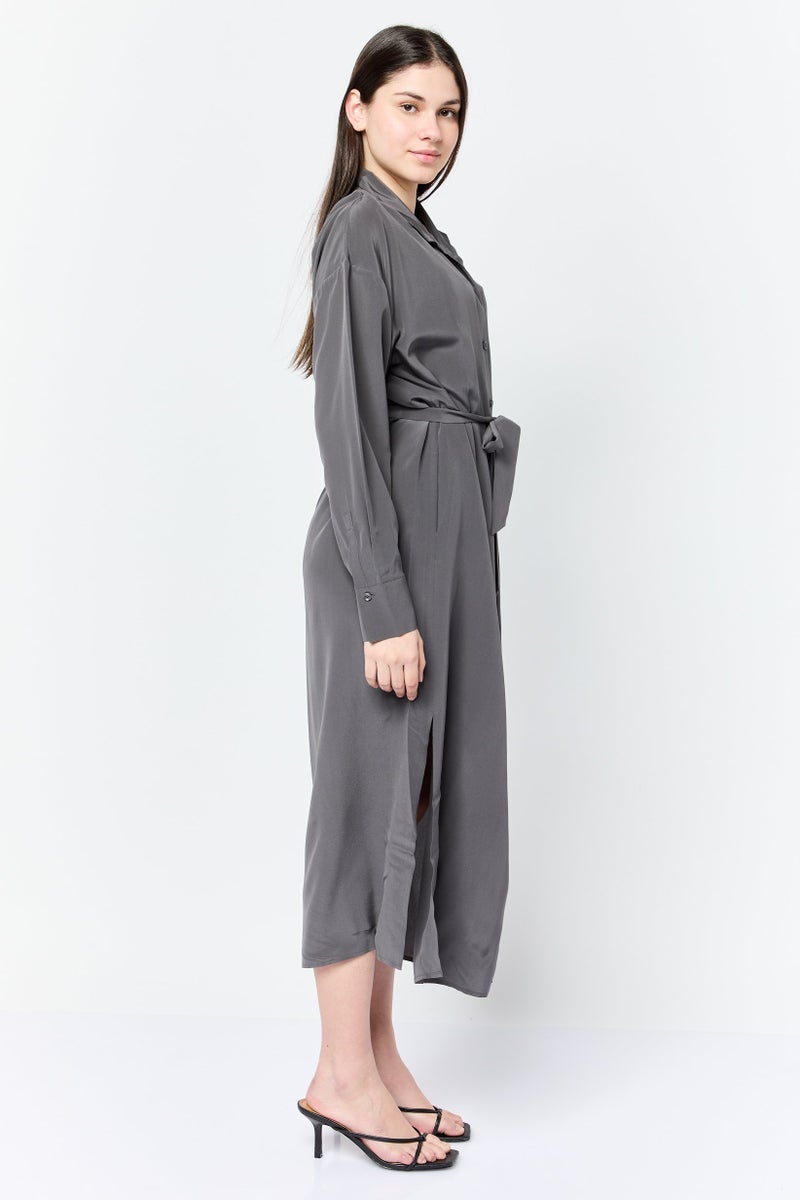 ESPRIT Women Solid Casual Shirt Dress, Dark Charcoal - Image 2