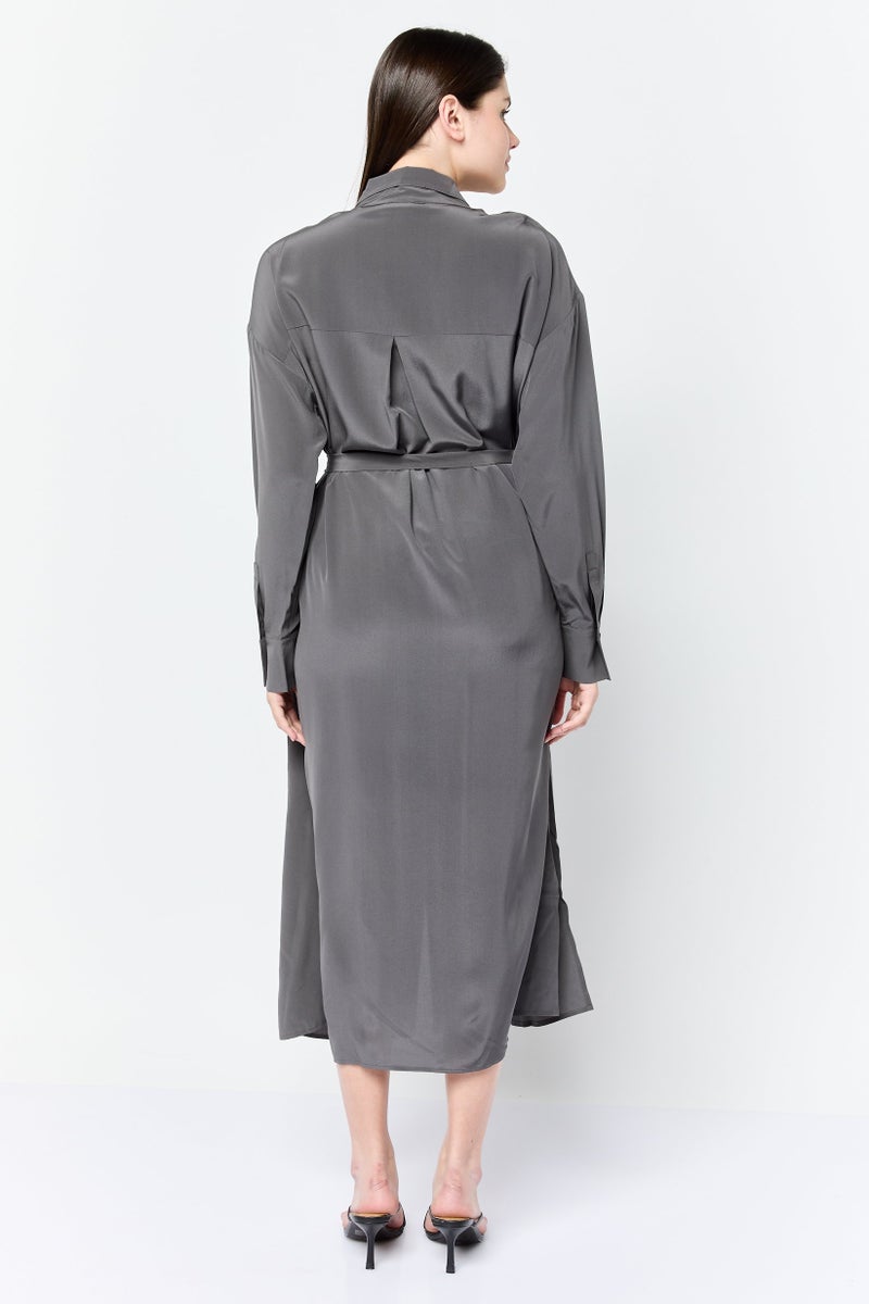 ESPRIT Women Solid Casual Shirt Dress, Dark Charcoal - Image 4