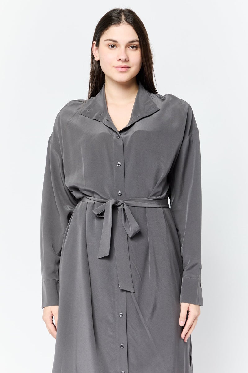 ESPRIT Women Solid Casual Shirt Dress, Dark Charcoal - Image 3