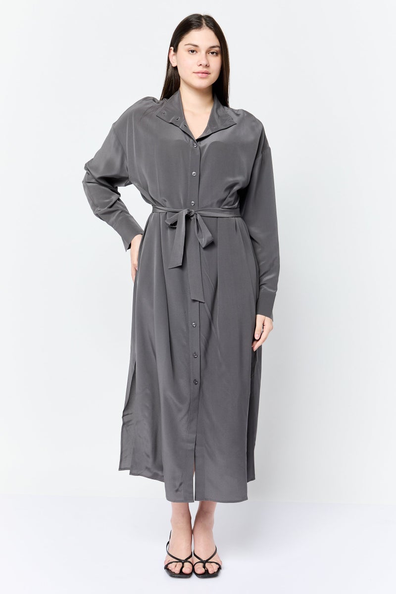 ESPRIT Women Solid Casual Shirt Dress, Dark Charcoal - Image 1
