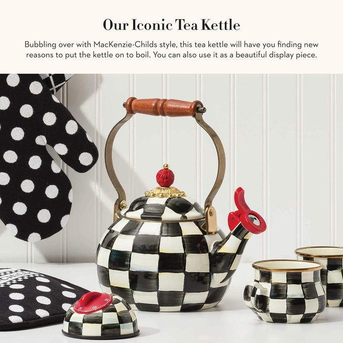 mackenzie childs MACKENZIE-CHILDS Enamel Whistling Tea Kettle, Decorative Teapot, Black-and-White Courtly Check - Image 2