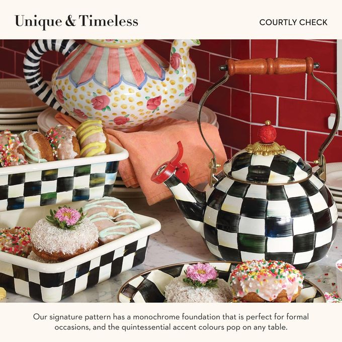 mackenzie childs MACKENZIE-CHILDS Enamel Whistling Tea Kettle, Decorative Teapot, Black-and-White Courtly Check - Image 3