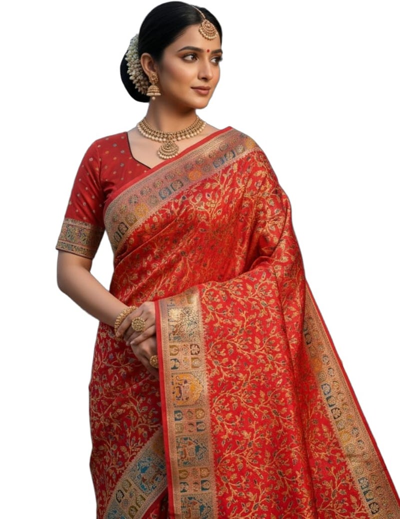 Glory Sarees Women's Kashmiri Pashmina Pure Silk Meenakari Woven Saree With Blouse Piece (Pashmina_Silk101_Red) - Image 1