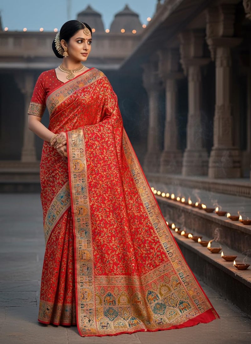 Glory Sarees Women's Kashmiri Pashmina Pure Silk Meenakari Woven Saree With Blouse Piece (Pashmina_Silk101_Red) - Image 5