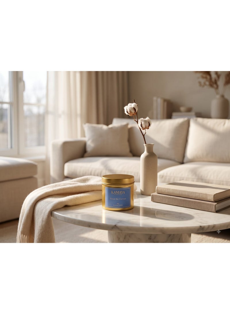 KAMAYA IRIS Collection Fleur de Cotton Scented Candle | 1-Wick Soy Wax, 8oz (227g) | Metal Jar Candle With Gold Finish - Image 1