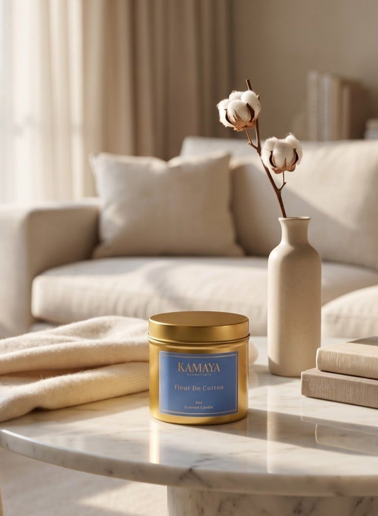 KAMAYA IRIS Collection Fleur de Cotton Scented Candle | 1-Wick Soy Wax, 8oz (227g) | Metal Jar Candle With Gold Finish - Image 1