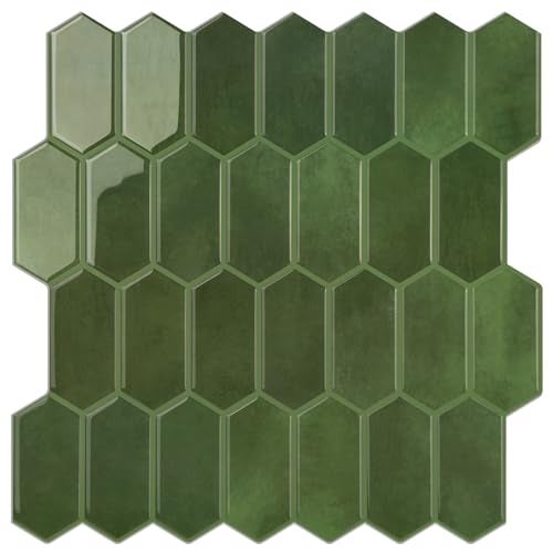 WalDecoo Peel and Stick Tile for Kitchen, Thicker Design 3D Self -Adhesive Long Hexagon Wall Tile Backsplash, Green 10-Sheet 12"x12" Stick on Tiles, Peel and Stick Wall Tiles for Kitchen - Image 1