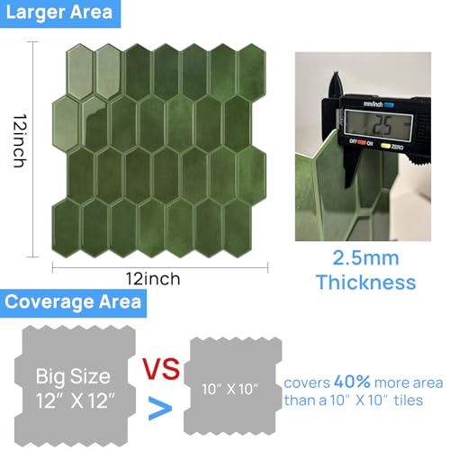 WalDecoo Peel and Stick Tile for Kitchen, Thicker Design 3D Self -Adhesive Long Hexagon Wall Tile Backsplash, Green 10-Sheet 12"x12" Stick on Tiles, Peel and Stick Wall Tiles for Kitchen - Image 5