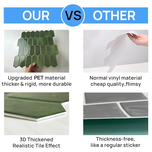 WalDecoo Peel and Stick Tile for Kitchen, Thicker Design 3D Self -Adhesive Long Hexagon Wall Tile Backsplash, Green 10-Sheet 12"x12" Stick on Tiles, Peel and Stick Wall Tiles for Kitchen - Image 3