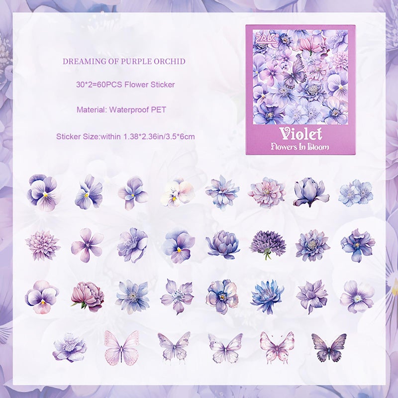 Doraking 60 Pieces Glitter Shiny Flower Stickers for Journaling, Waterproof Decorative Decal for Scrapbooking Supplies Journal Planners Art Crafts Photo Album Decor (Purple) - Image 2
