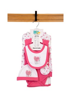 Babies Basic 7 Piece Unisex 100% Cotton Gift Set Include Bib, Blanket, Mitten, Cap, Romper, Top And Bottom Set, Pink  - Image 1