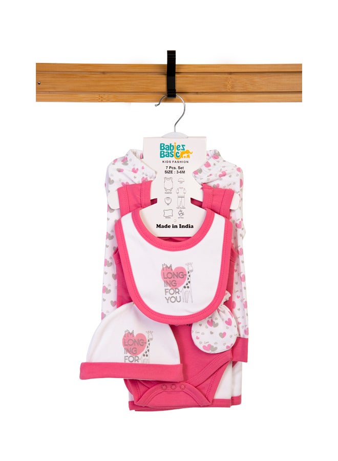 Babies Basic 7 Piece Unisex 100% Cotton Gift Set Include Bib, Blanket, Mitten, Cap, Romper, Top And Bottom Set, Pink  - Image 1