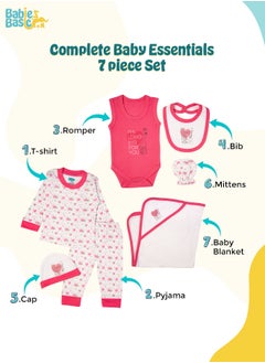 Babies Basic 7 Piece Unisex 100% Cotton Gift Set Include Bib, Blanket, Mitten, Cap, Romper, Top And Bottom Set, Pink  - Image 3